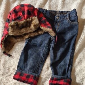 Gymboree Red And Black Buffalo Plaid Lined Kids Jeans And Matching Fur Hat